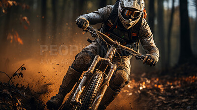 Action shot of cyclist speeding on dirt road. Extreme sport concept.