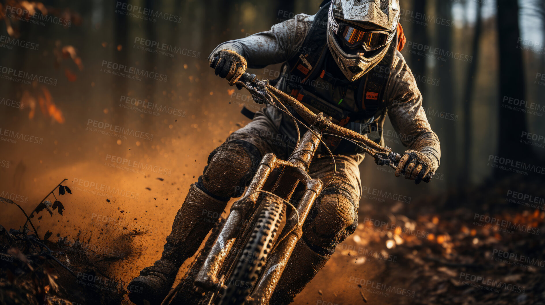 Buy stock photo Action shot of cyclist speeding on dirt road. Extreme sport concept.