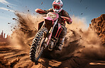 Action shot of motor cross motorcyclist speeding on dirt road. Extreme sport concept.