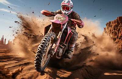 Action shot of motor cross motorcyclist speeding on dirt road. Extreme sport concept.