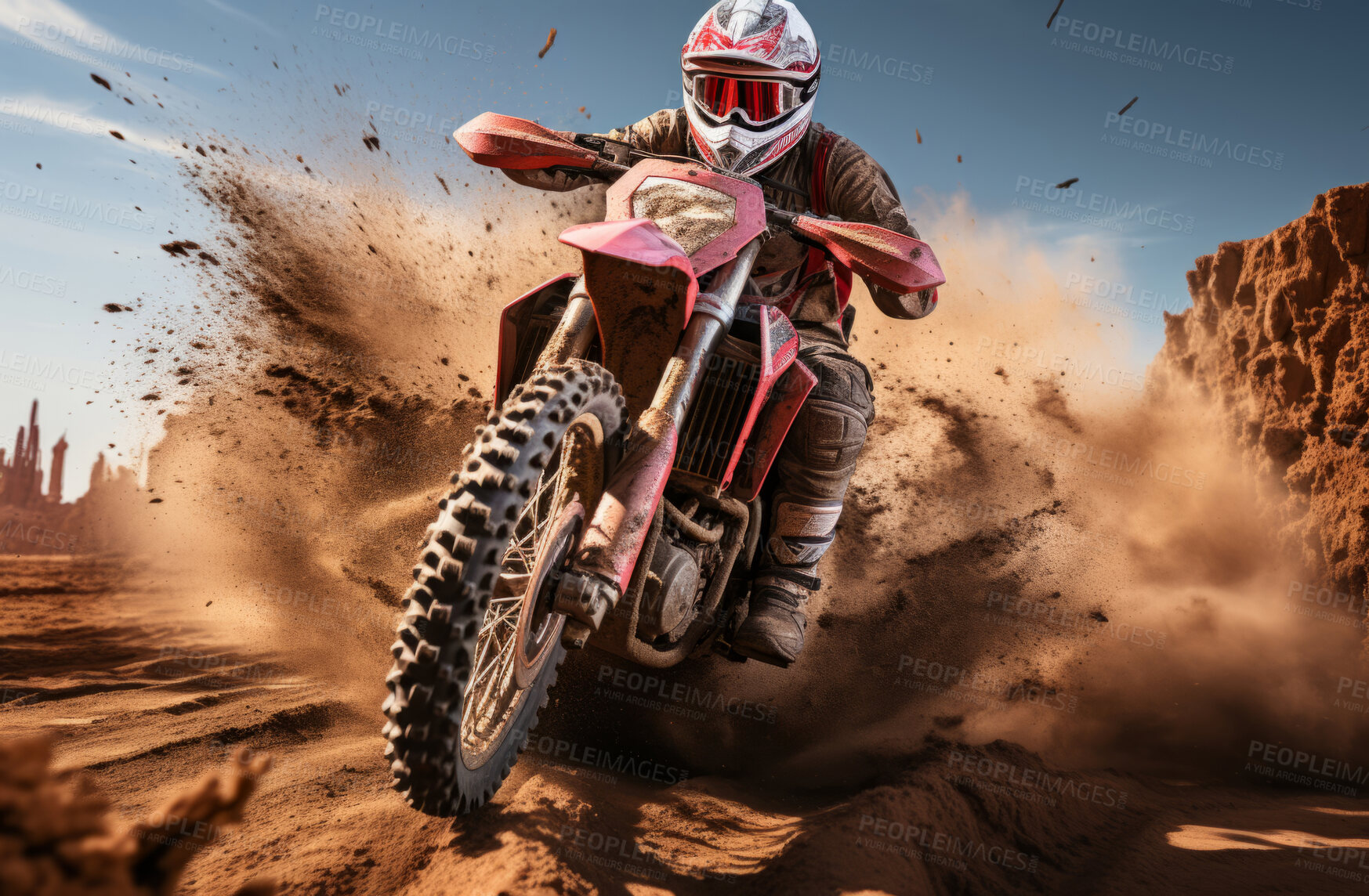 Buy stock photo Action shot of motor cross motorcyclist speeding on dirt road. Extreme sport concept.