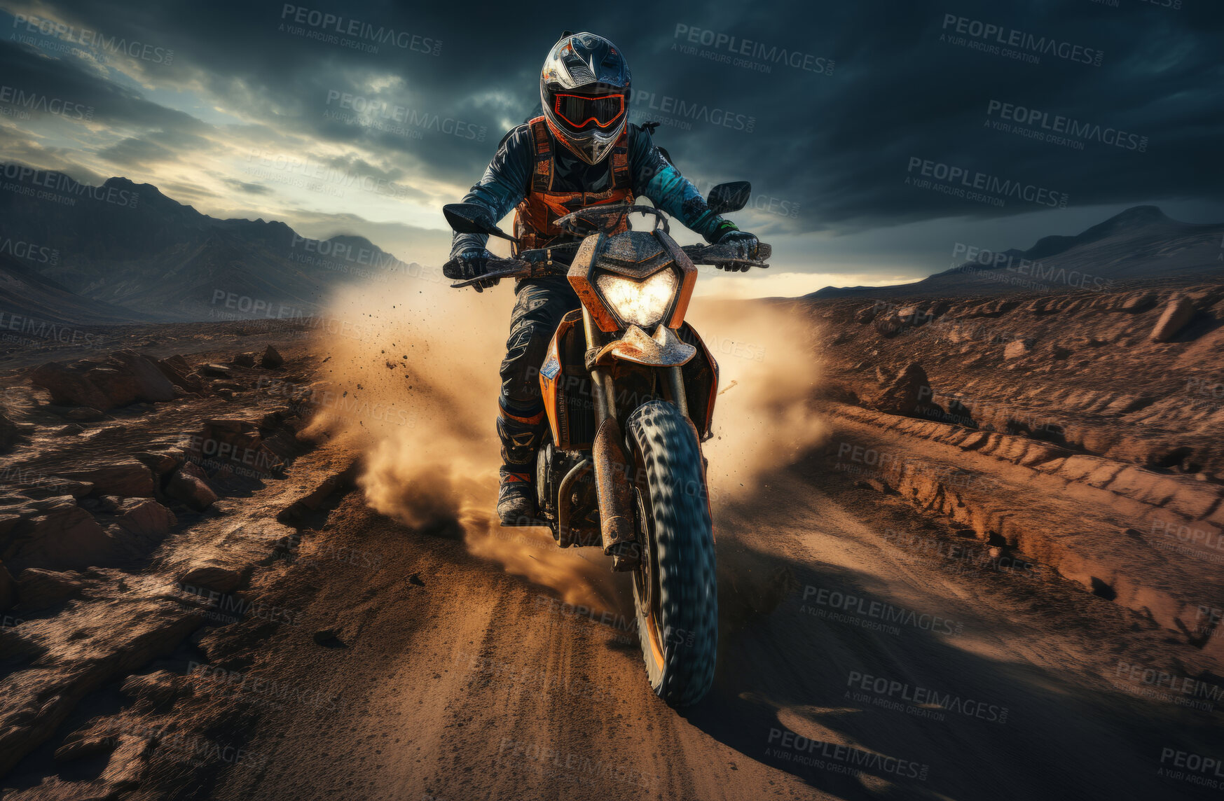 Buy stock photo Action shot of motor cross motorcyclist speeding on dirt road. Extreme sport concept.