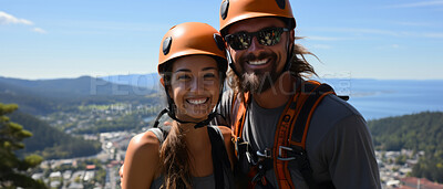 Candid shot of rock climber couple on mountain top. Extreme sport concept.