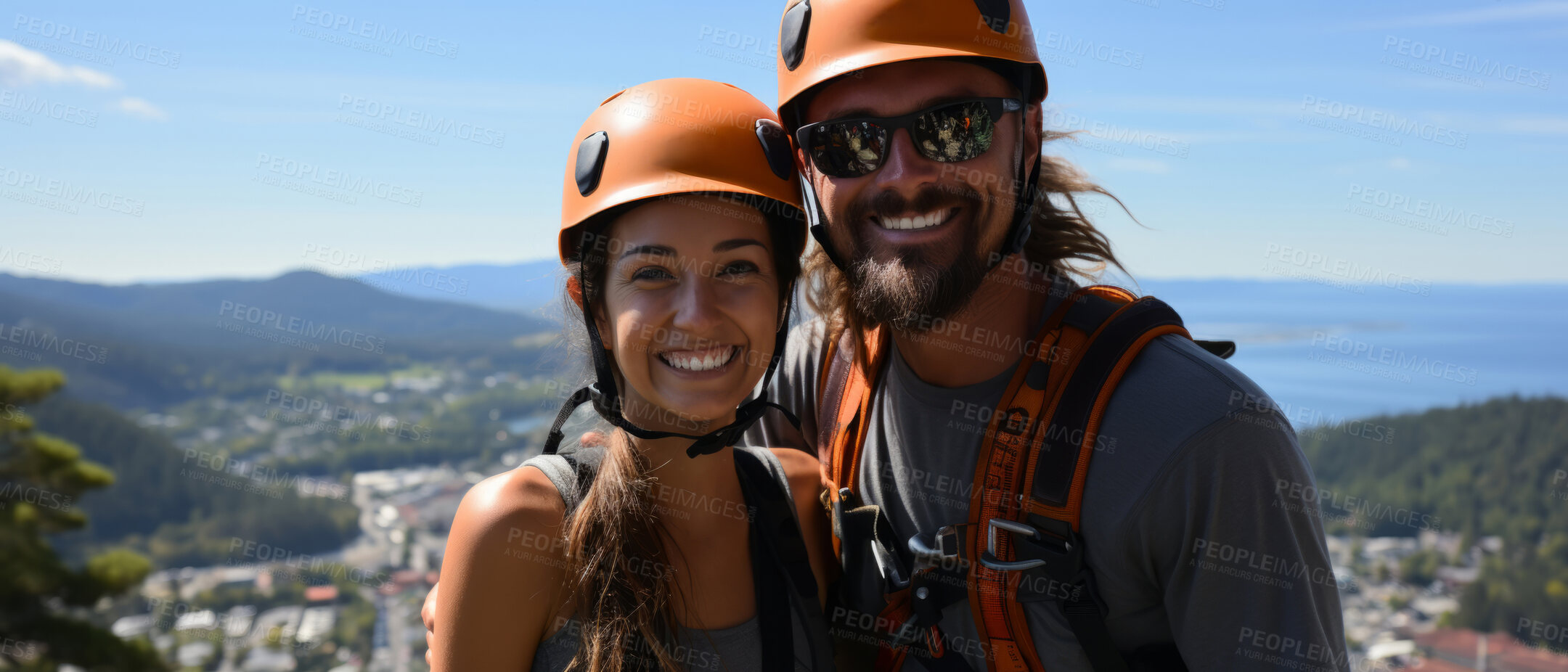 Buy stock photo Candid shot of rock climber couple on mountain top. Extreme sport concept.