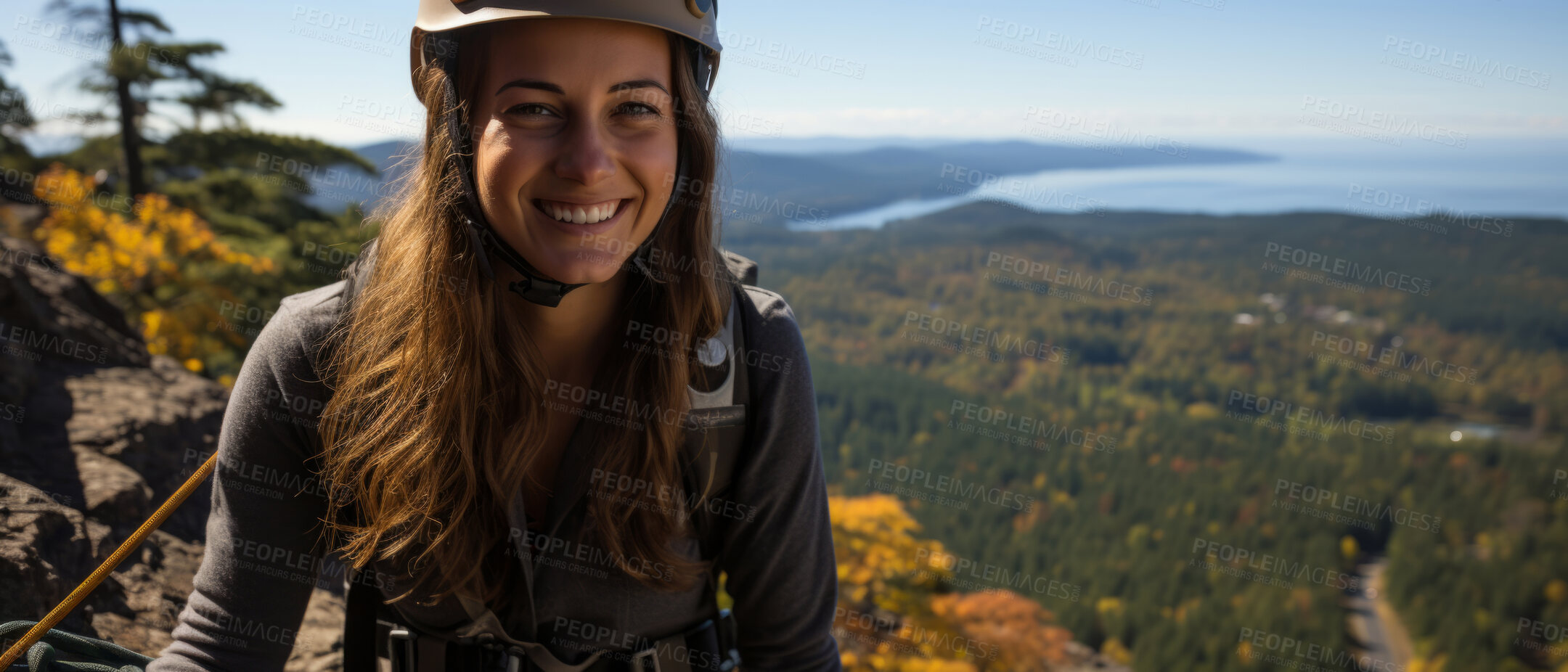 Buy stock photo Candid shot of rock climber on mountain top. Extreme sport concept.