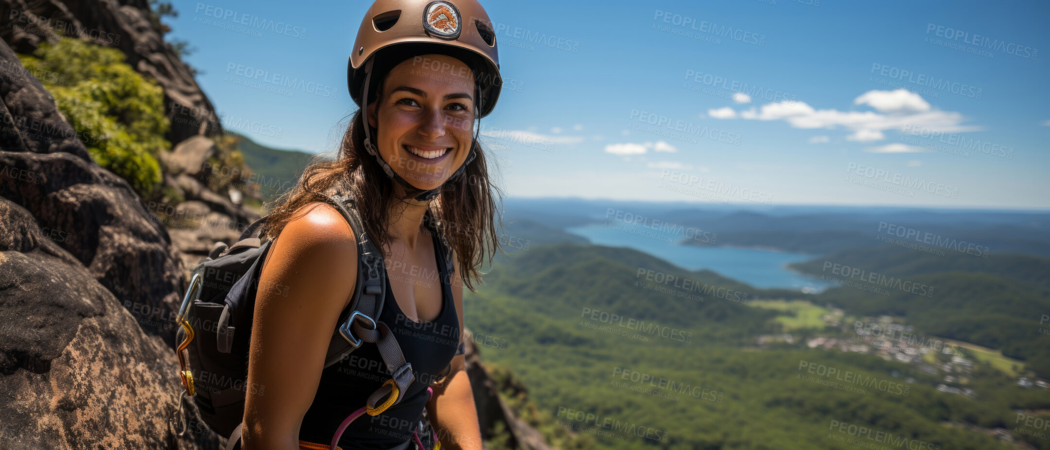 Buy stock photo Candid shot of rock climber on mountain top. Extreme sport concept.