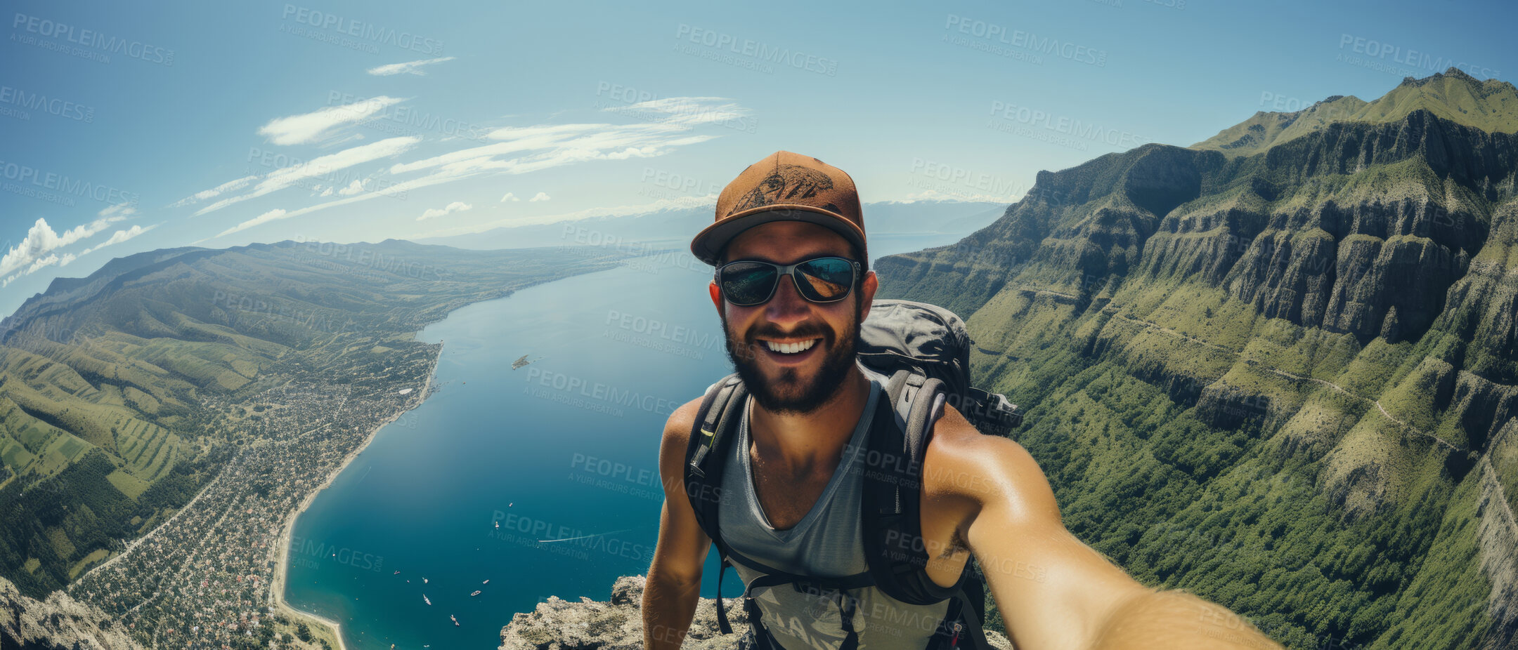 Buy stock photo Happy rock climber taking selfie on mountain top. Extreme sport concept.