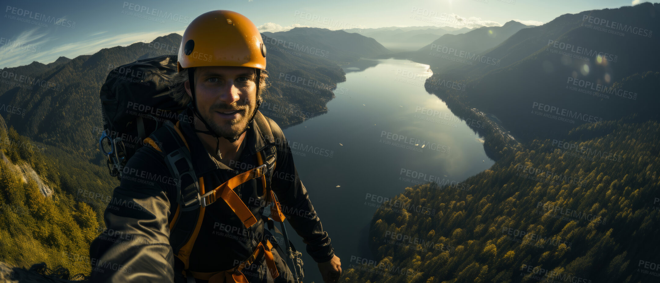 Buy stock photo Happy rock climber taking selfie on mountain top. Extreme sport concept.