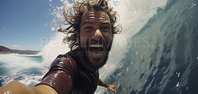 Close-up action selfie of surfer riding wave.Extreme sport concept.