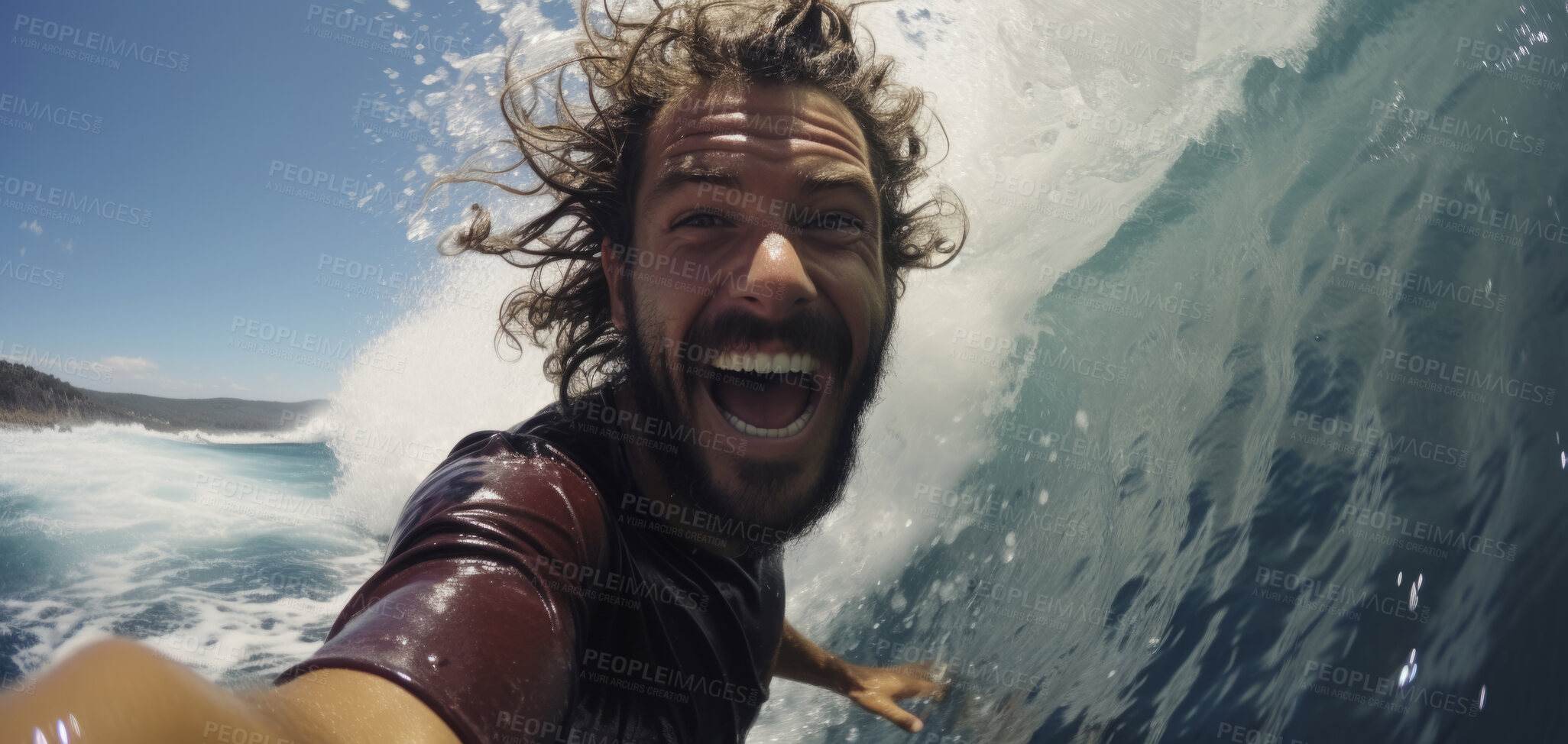 Buy stock photo Close-up action selfie of surfer riding wave.Extreme sport concept.