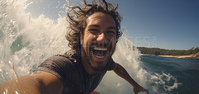 Buy stock photo Close-up action selfie of surfer riding wave.Extreme sport concept.