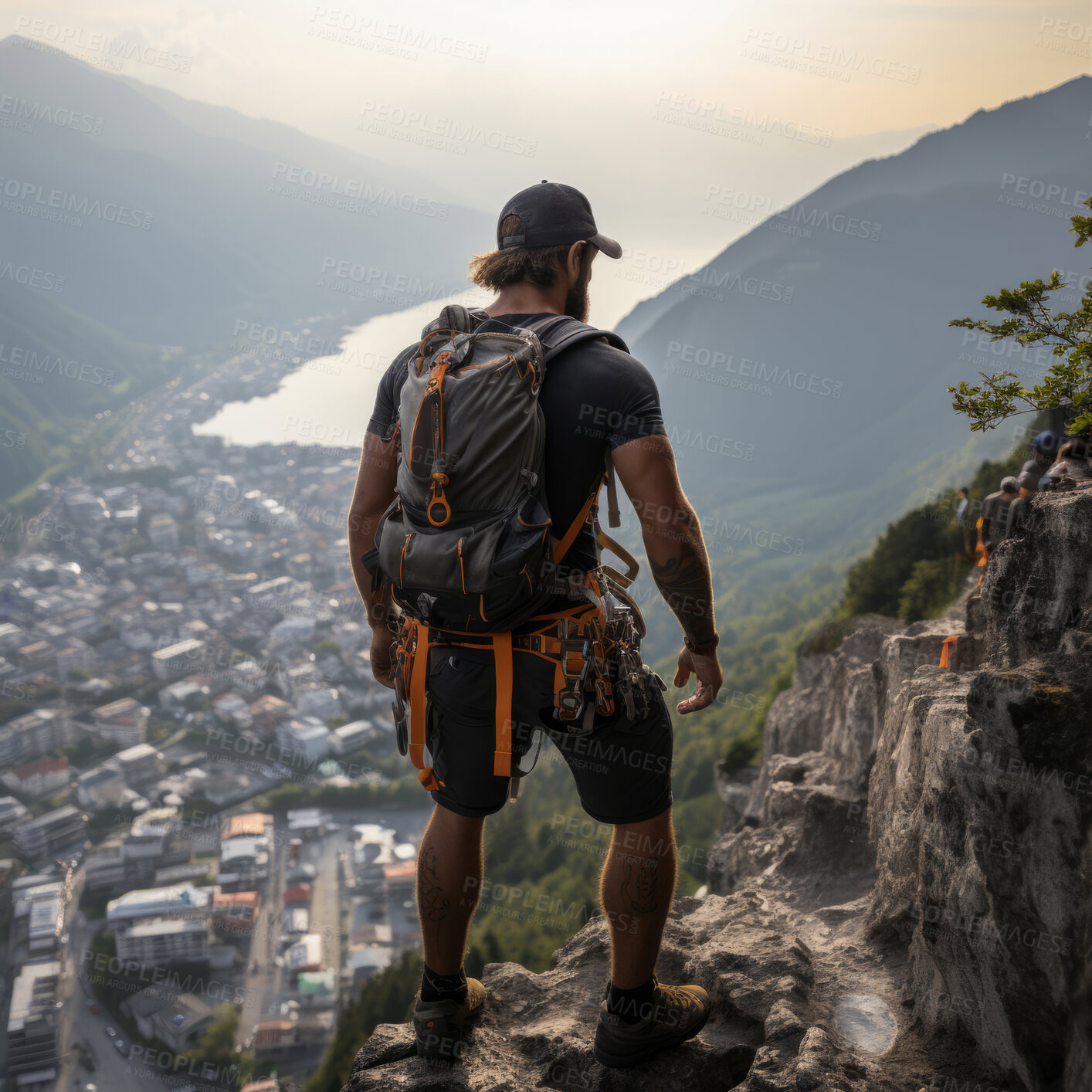 Buy stock photo Candid shot of hiker on mountain top. Sunset or sunrise. Extreme sport concept.