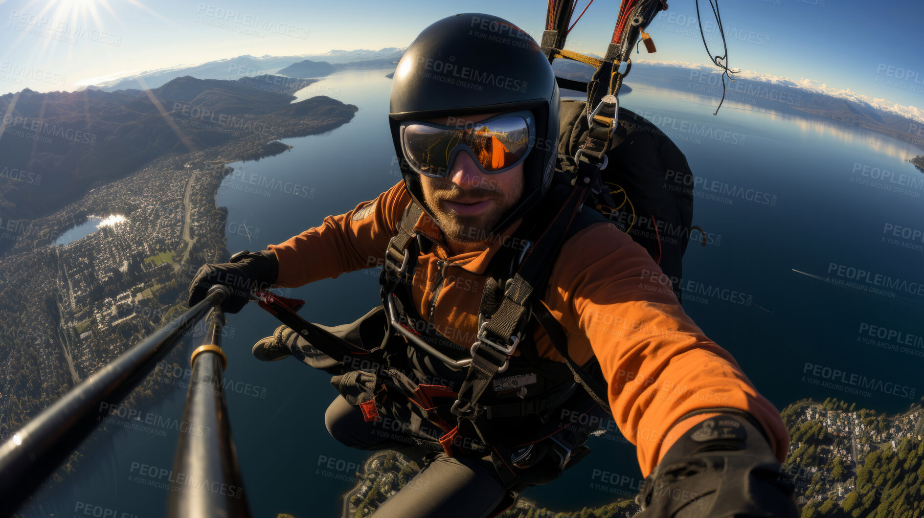 Buy stock photo Happy paraglider taking selfie in mid air. Extreme sport concept.