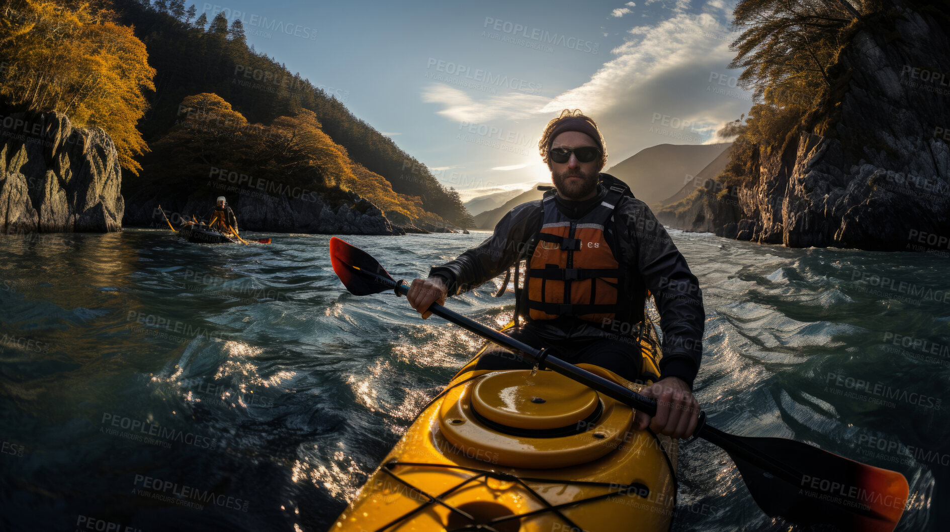 Buy stock photo Man on kayak in calm river. Extreme sport concept.