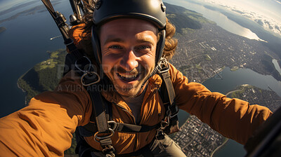 Happy paraglider taking selfie in mid air. Extreme sport concept.