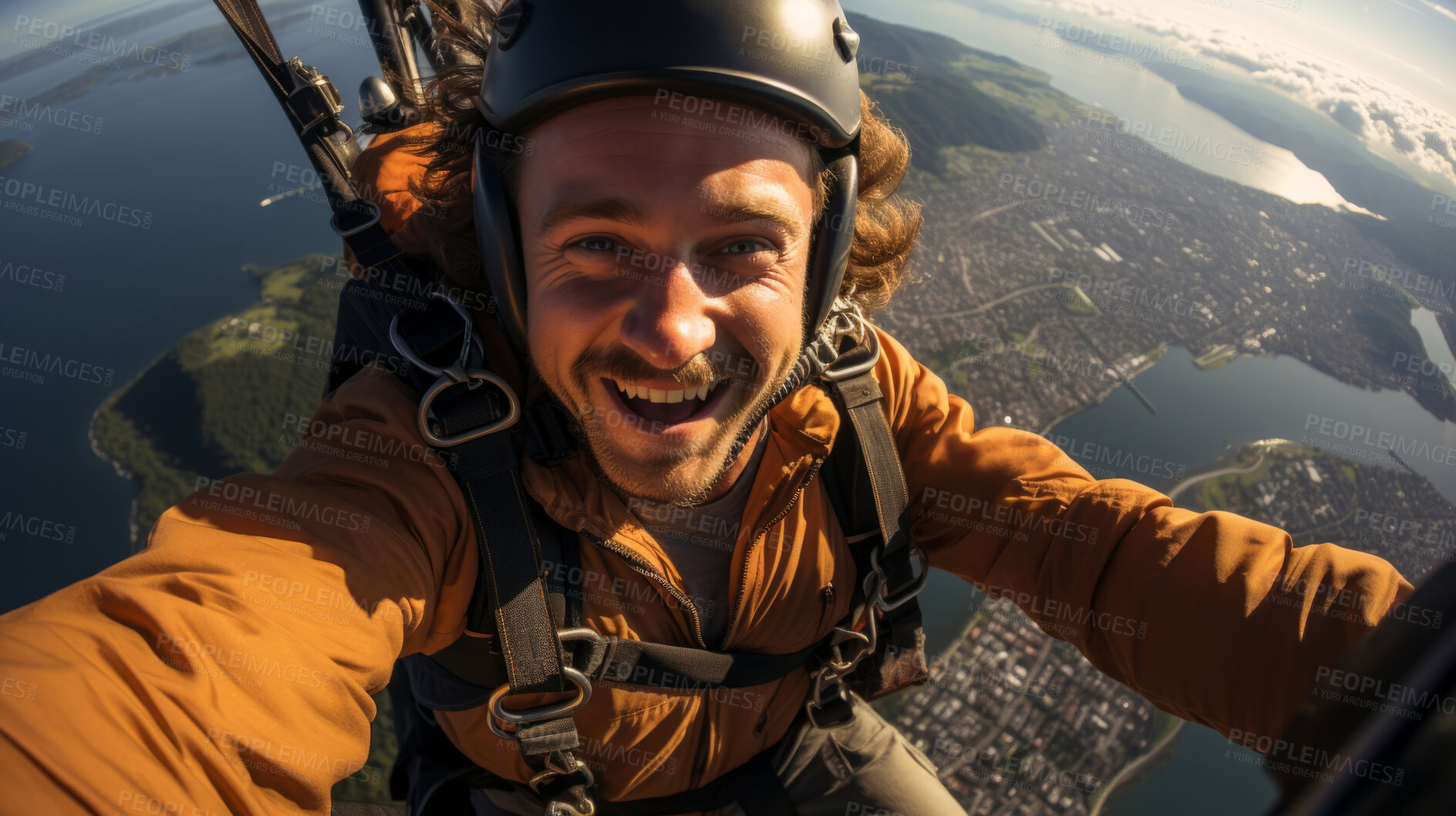 Buy stock photo Happy paraglider taking selfie in mid air. Extreme sport concept.