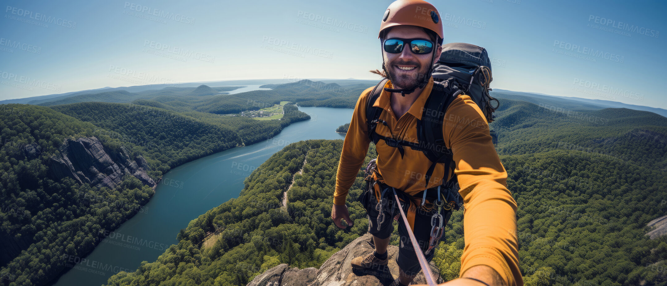 Buy stock photo Happy rock climber taking selfie on mountain top. Extreme sport concept.