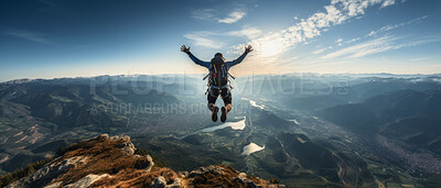 Wide action shot of skydiver posing in mid air. Extreme sport concept.