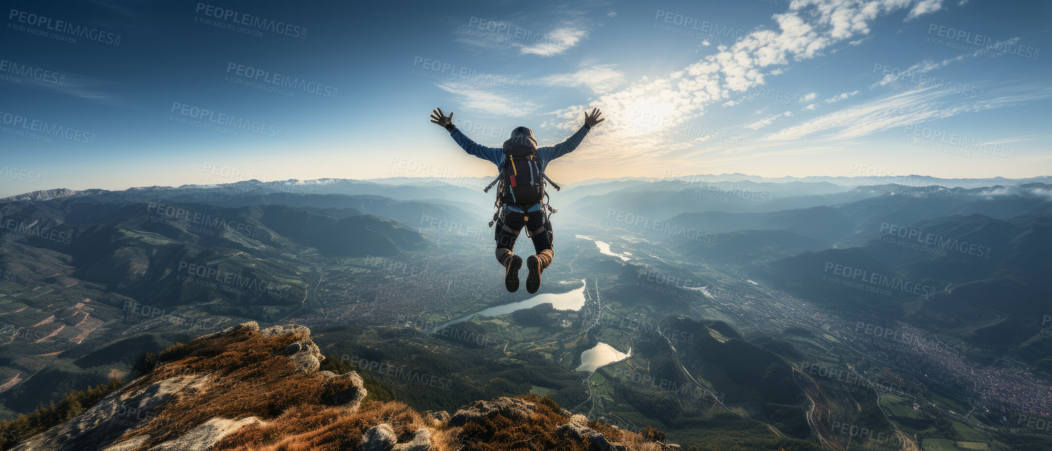 Buy stock photo Wide action shot of  skydiver posing in mid air. Extreme sport concept.