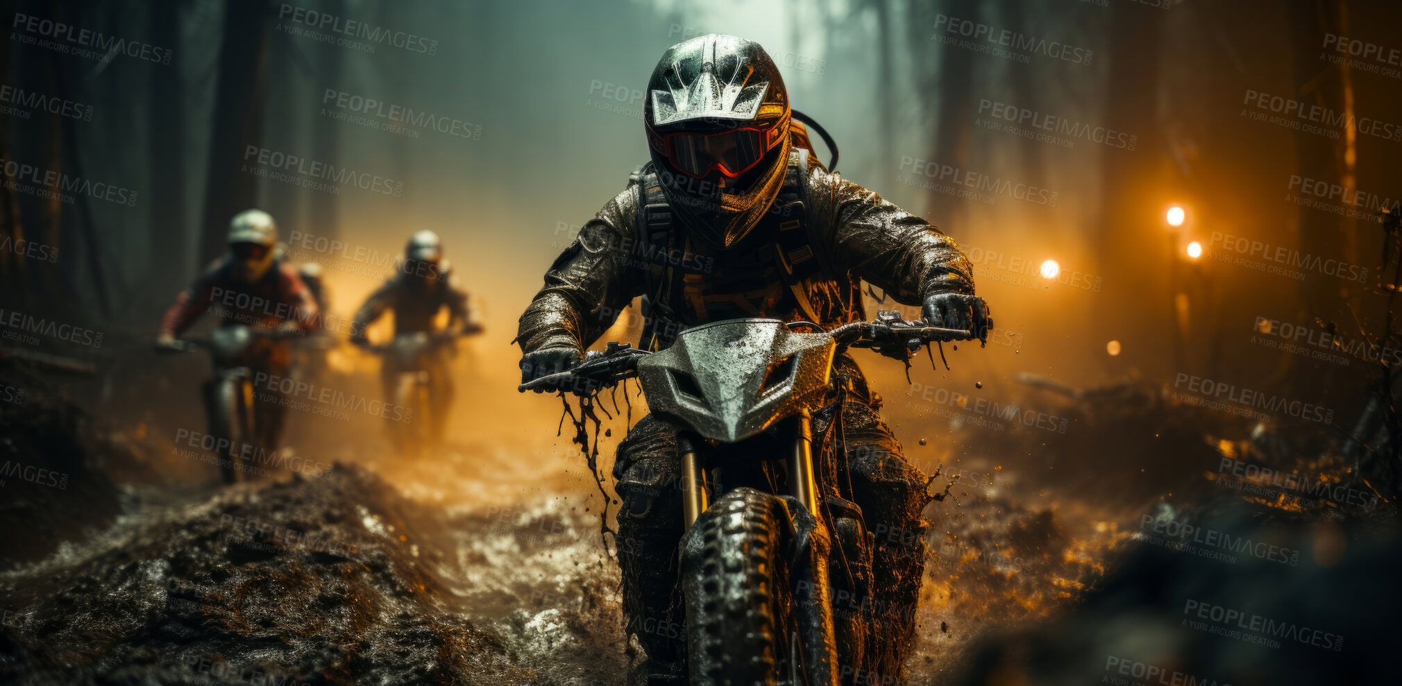 Buy stock photo Group of mountain bikers on muddy tack in forrest. Extreme sport concept.