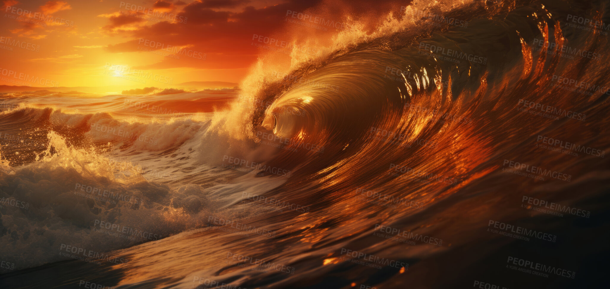 Buy stock photo Beautiful Close-up of wave. Golden hour, golden water. Extreme sport concept.