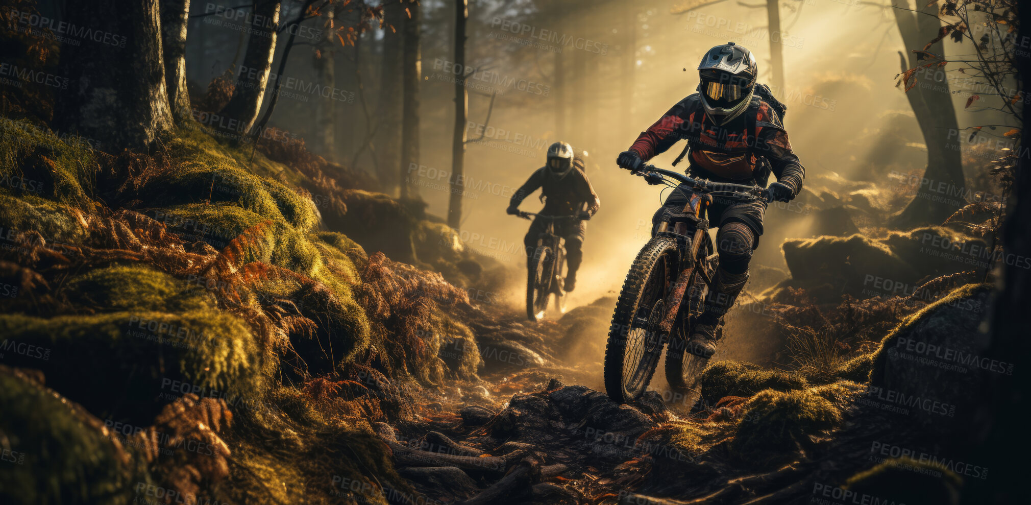 Buy stock photo Group of mountain bikers on muddy tack in forrest. Extreme sport concept.