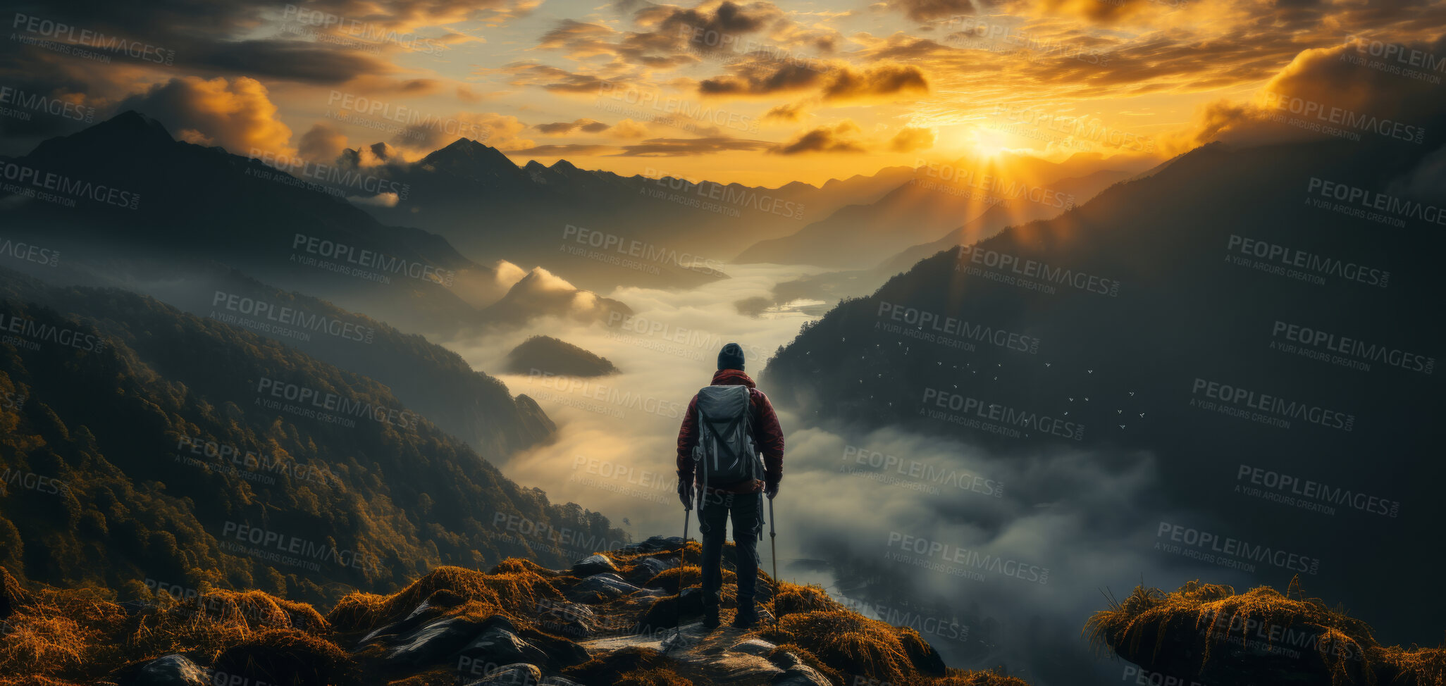 Buy stock photo Wide shot of hiker on mountain top. Sunset or sunrise. Extreme sport concept.