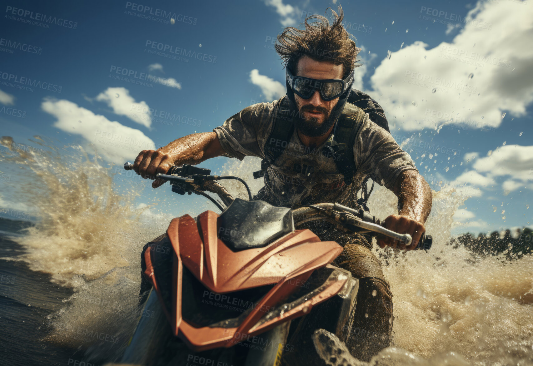 Buy stock photo Action shot of man on a jet ski close up. Blue sky .Water splashes. Extreme sport.