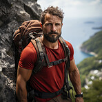 Candid shot of serious rock climber on mountain top. Extreme sport concept.