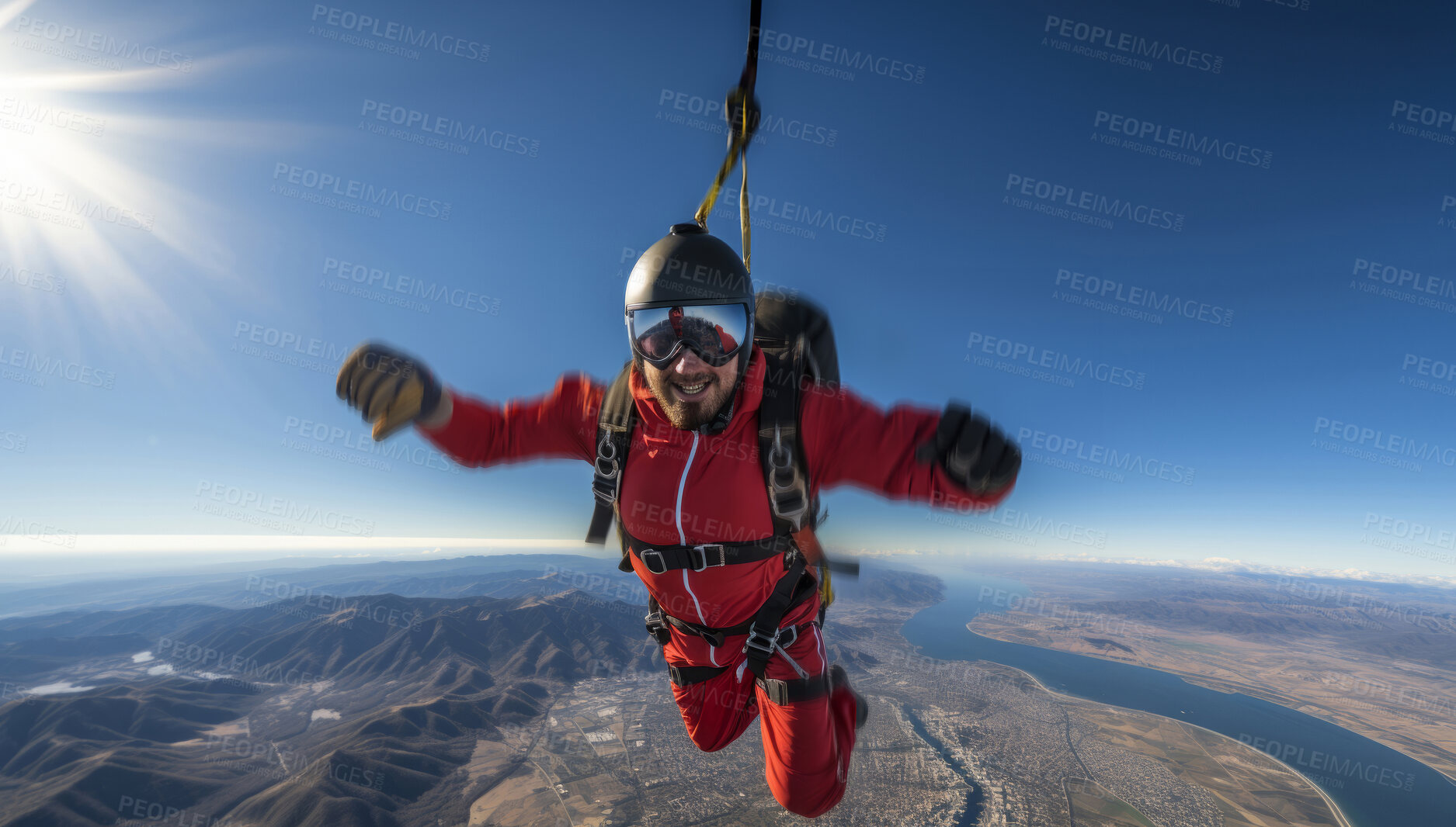 Buy stock photo Happy skydiver posing in mid air. Extreme sport concept.