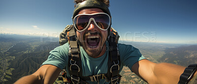 Happy skydiver taking selfie in mid air. Extreme sport concept.