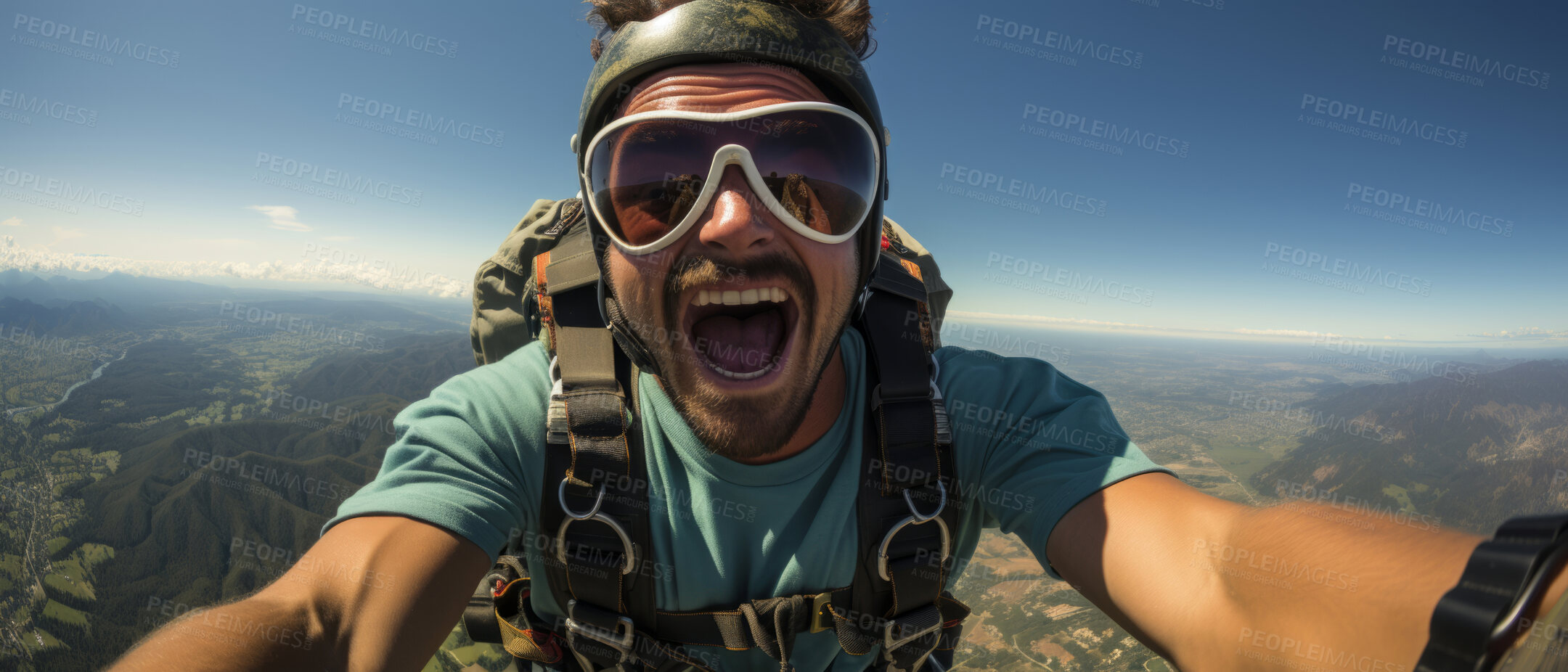 Buy stock photo Happy skydiver taking selfie in mid air. Extreme sport concept.