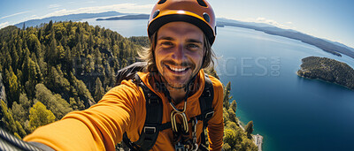 Happy rock climber taking selfie on mountain top. Extreme sport concept.