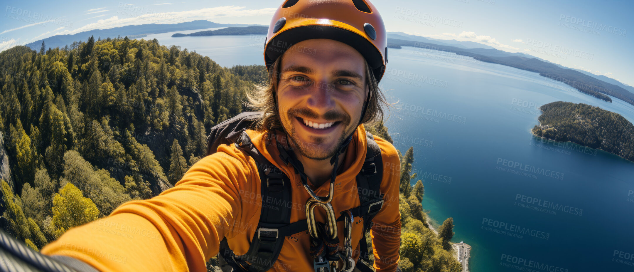 Buy stock photo Happy rock climber taking selfie on mountain top. Extreme sport concept.