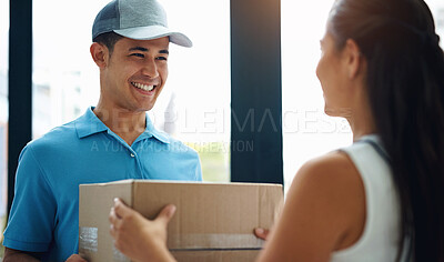 Buy stock photo Front door, delivery guy or boxes of a happy woman for ecommerce distribution or online shopping. Shipping services, smile or friendly courier man giving cardboard parcel, product or package in home