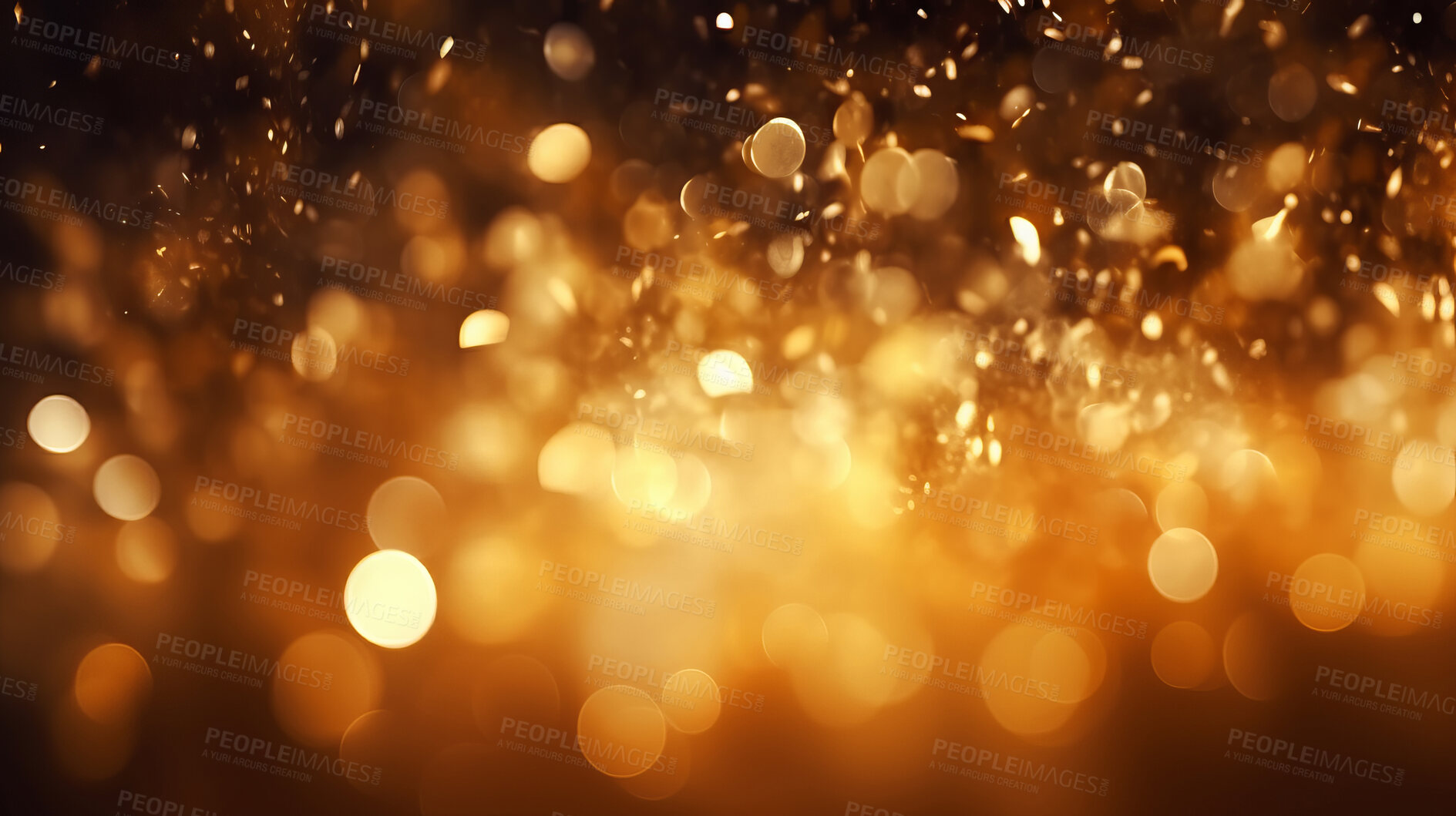 Buy stock photo Gold glitter glow particle bokeh background. Festive celebration wallpaper concept