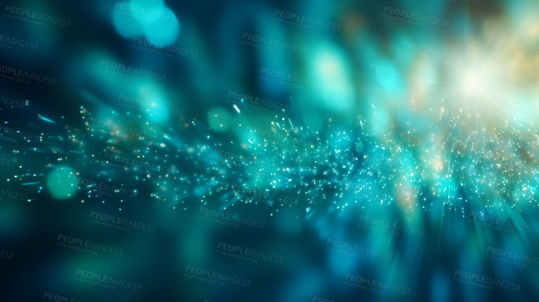 Buy stock photo Teal glitter glow particle bokeh background. Festive celebration wallpaper concept