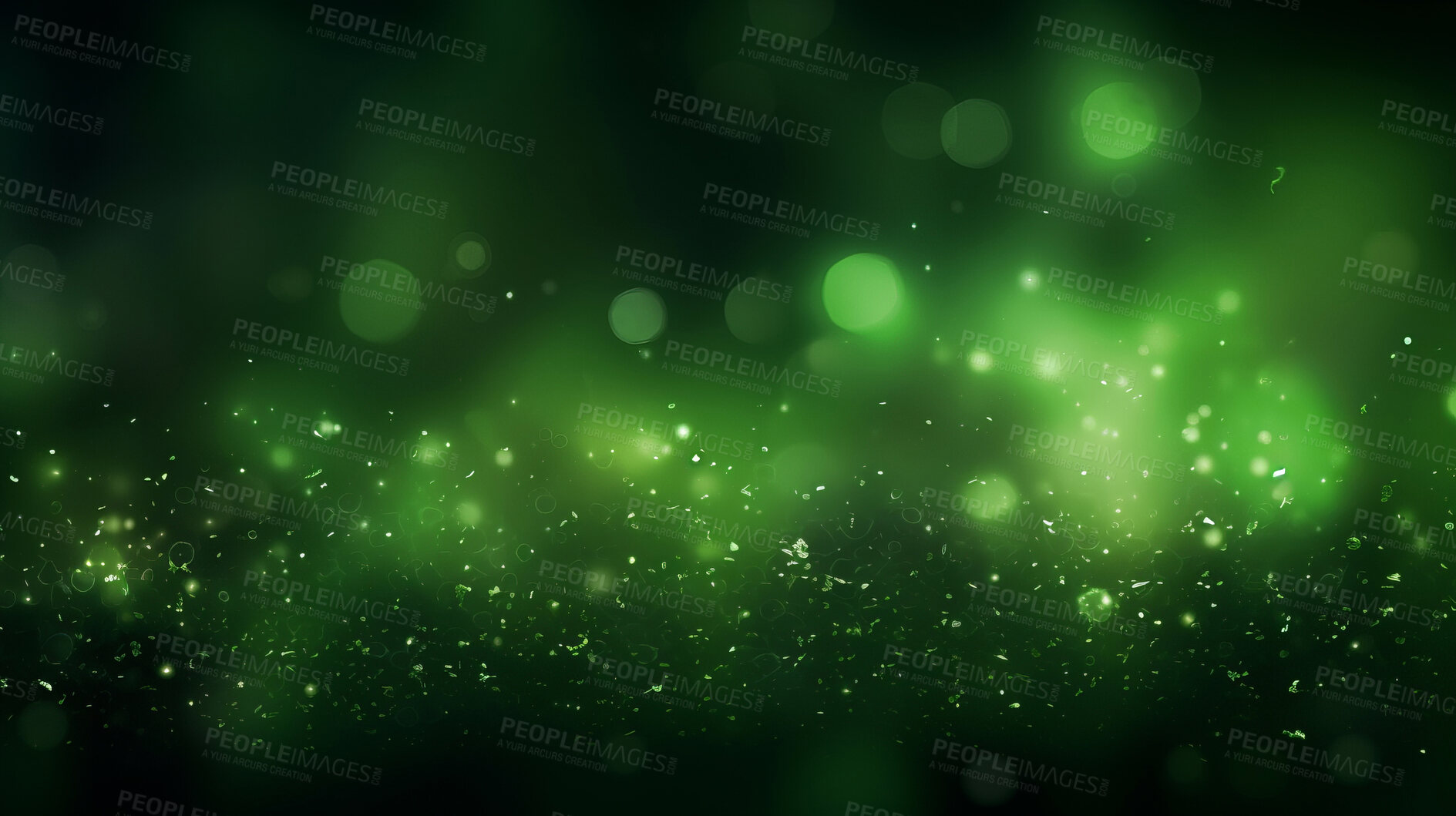 Buy stock photo Green glitter glow particle bokeh background. Festive celebration wallpaper concept