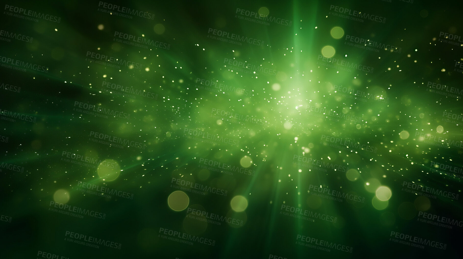 Buy stock photo Green glitter glow particle bokeh background. Festive celebration wallpaper concept