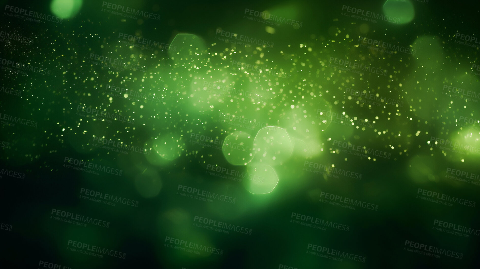 Buy stock photo Green glitter glow particle bokeh background. Festive celebration wallpaper concept