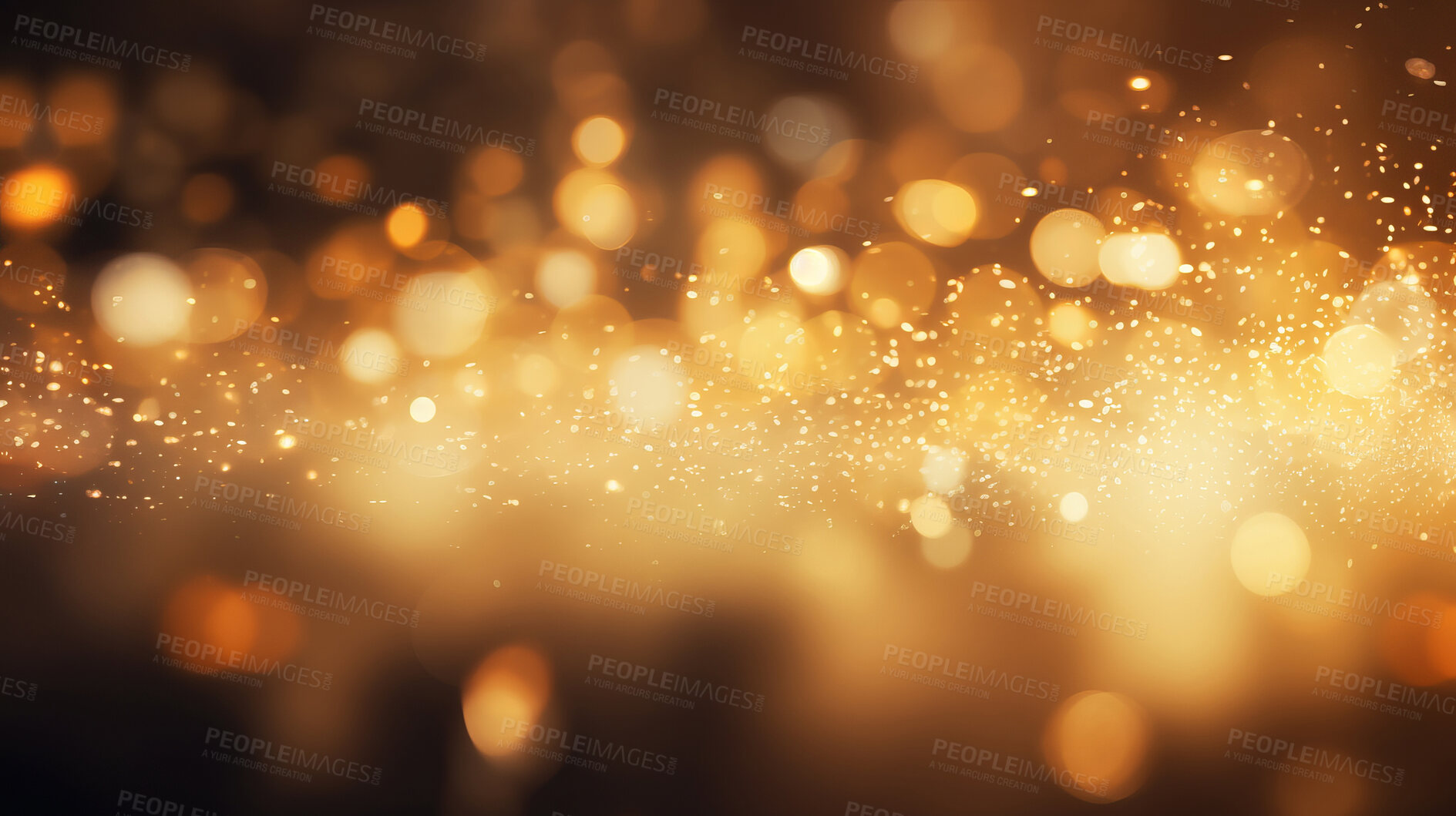 Buy stock photo Gold glitter glow particle bokeh background. Festive celebration wallpaper concept