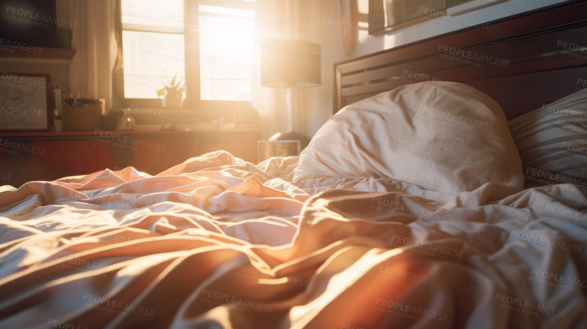 Buy stock photo Sunlight on bed in simple bright bedroom. Cozy home interior design