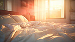 Sunlight on bed in simple bright bedroom. Cozy home interior design