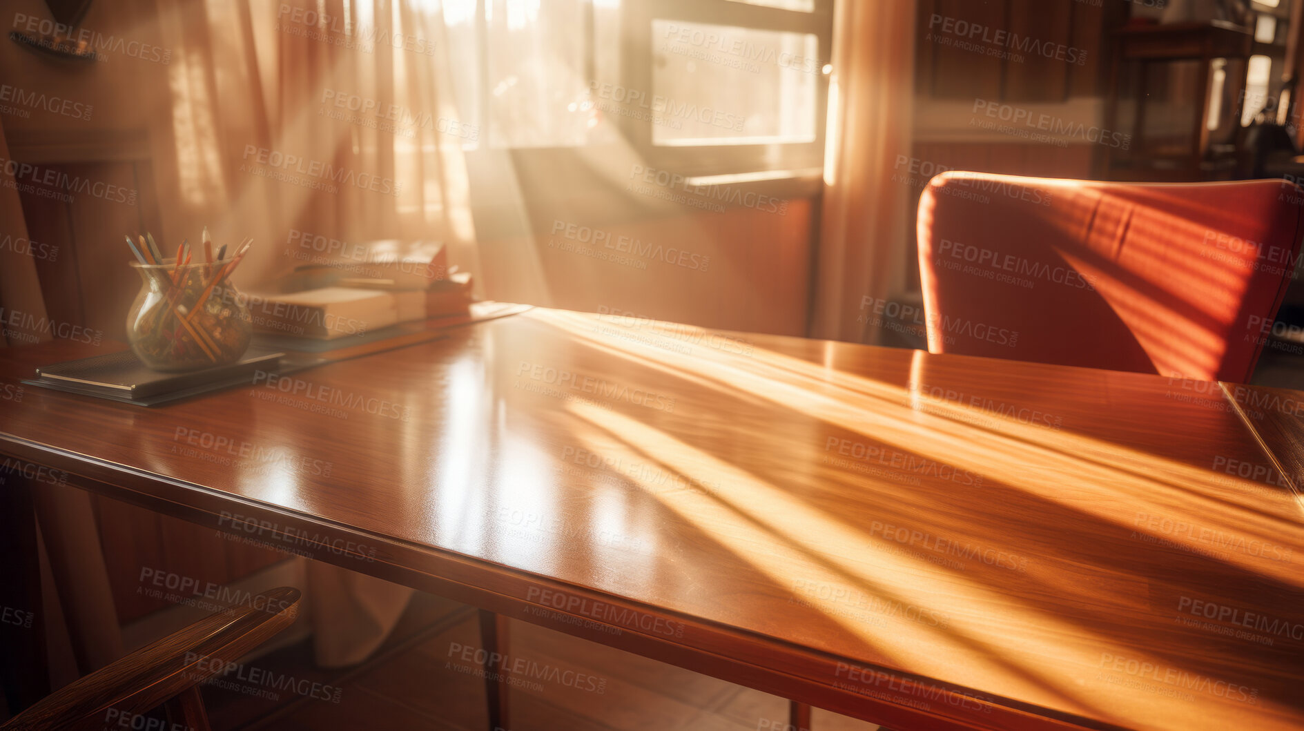 Buy stock photo Sunlight on home office desk table. Bright natural light interior design