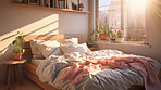 Sunlight on bed in simple bright bedroom. Cozy home interior design