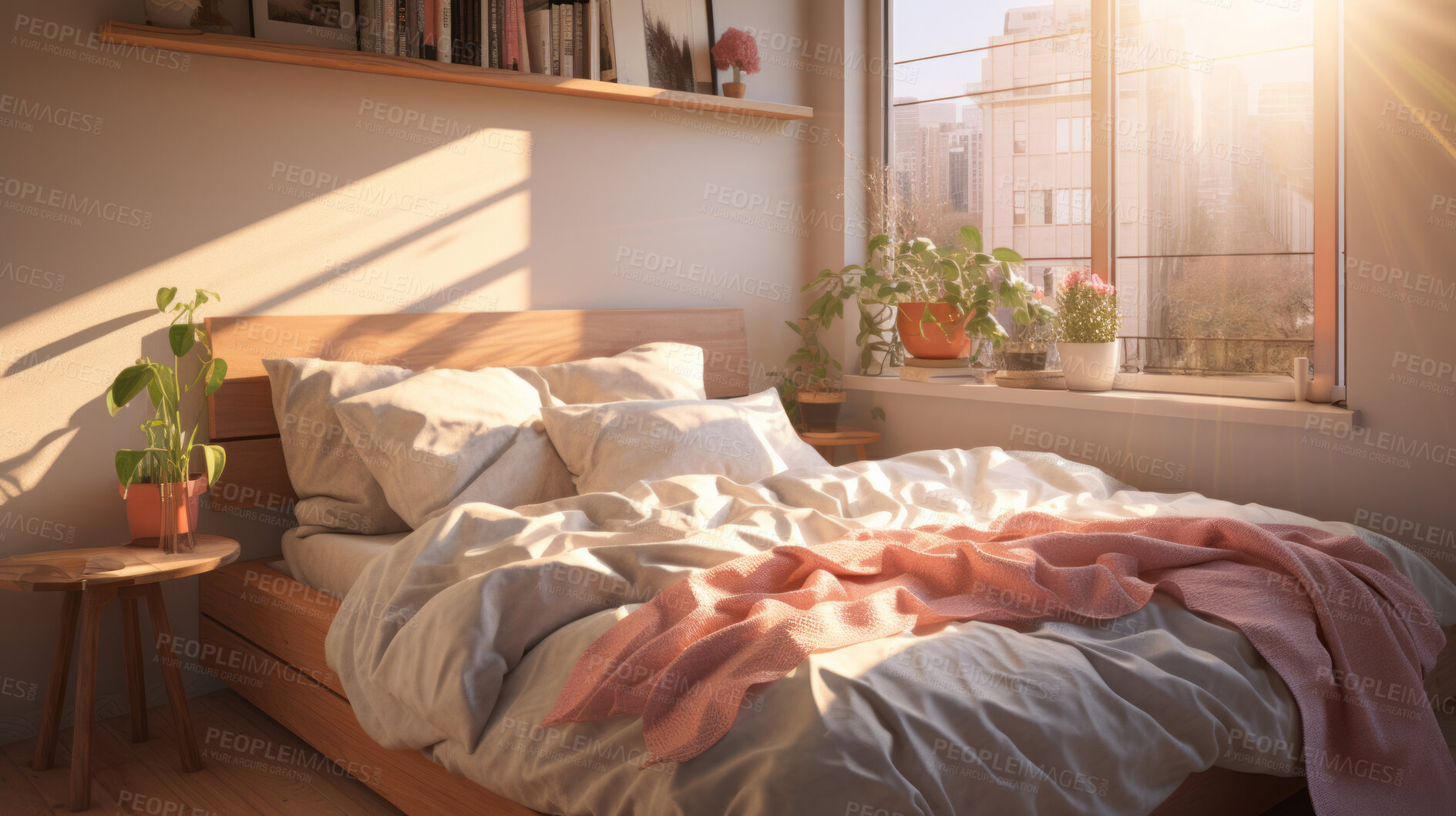 Buy stock photo Sunlight on bed in simple bright bedroom. Cozy home interior design