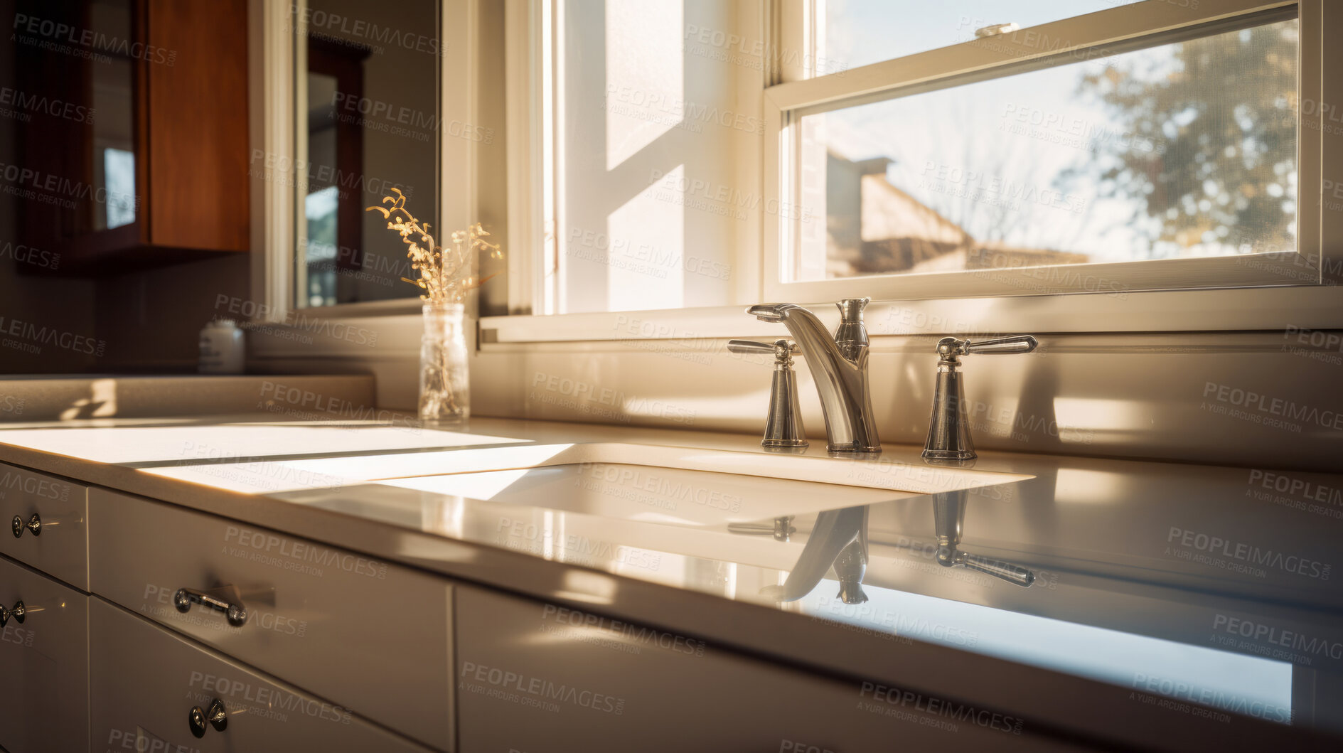 Buy stock photo Sunlight on modern kitchen countertop. Bright natural light interior design