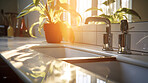 Sunlight on modern kitchen countertop. Bright natural light interior design