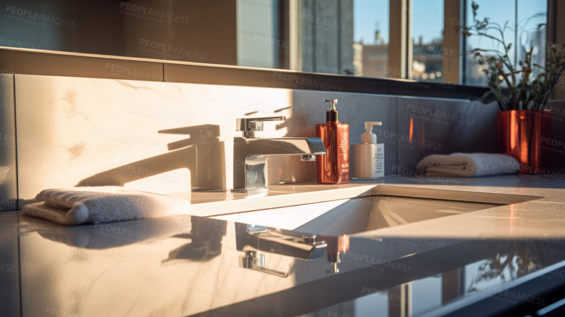 Buy stock photo Sunlight on modern bathroom countertop. Bright natural light interior design