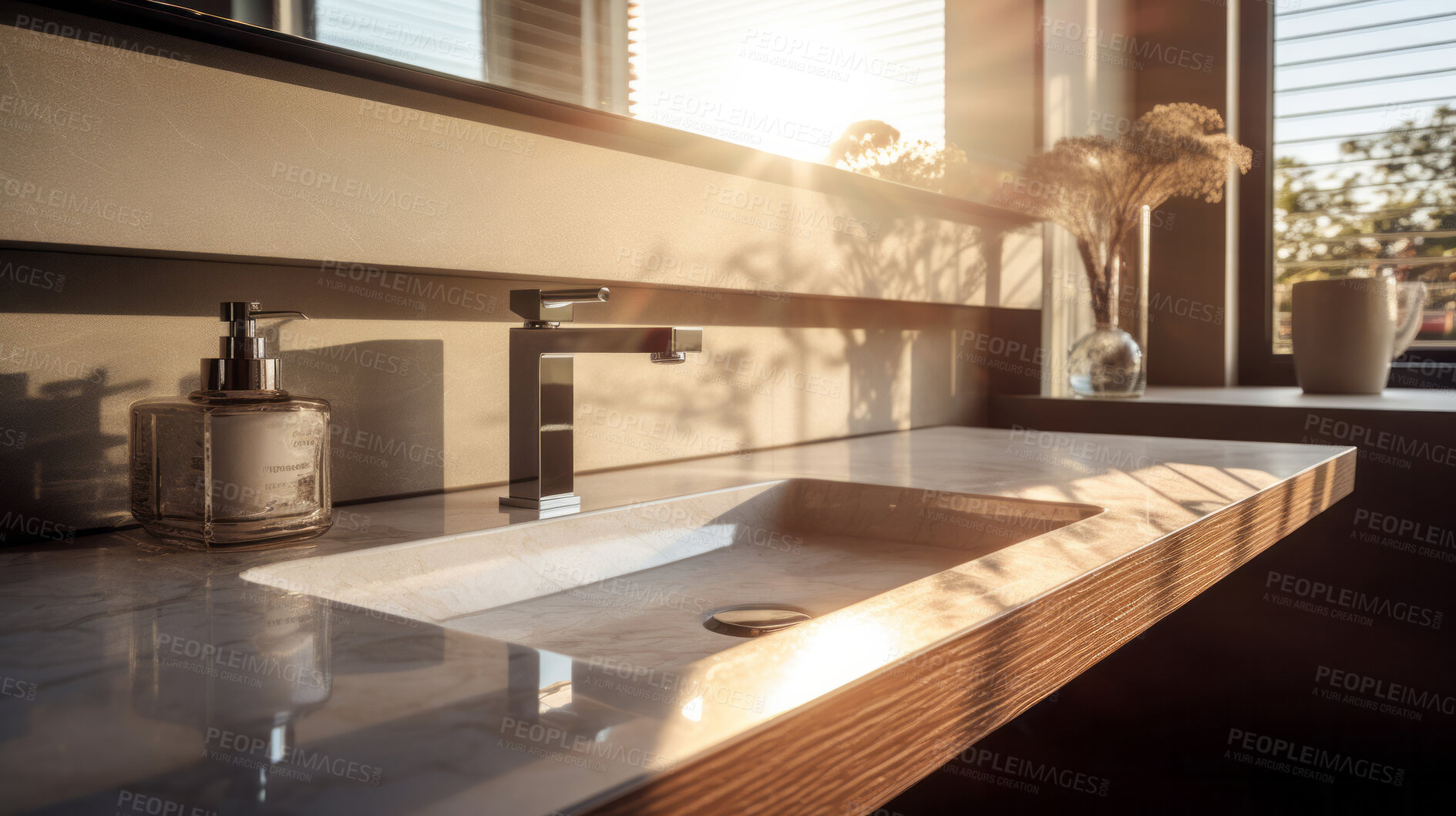 Buy stock photo Sunlight on modern bathroom countertop. Bright natural light interior design